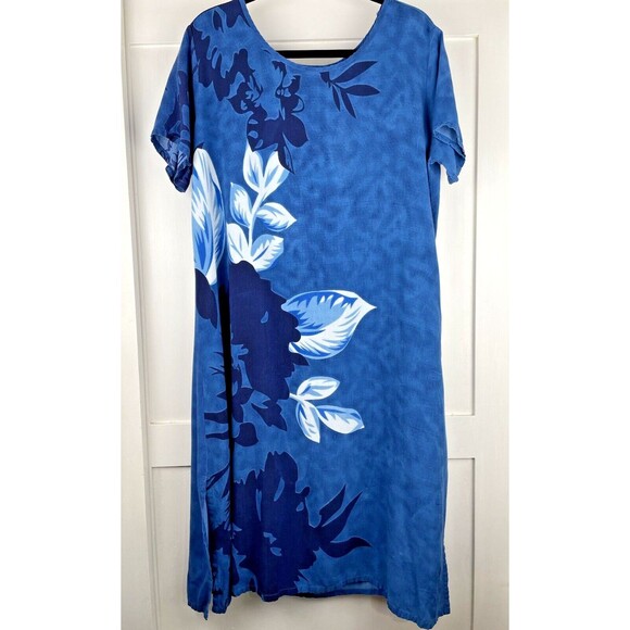 National Since 1952 Hawaiian Dress Women’s Petit Large Blue White Floral Pattern - Picture 3 of 13
